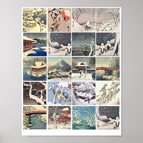 japanese woodblocks art paintings snow landscapes poster