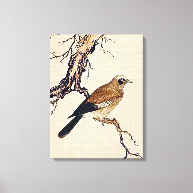Japanese Woodcut of a Finch, Brown and Beige Canvas Print (Front)