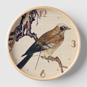 Japanese Woodcut of a Finch, Brown and Beige Clock