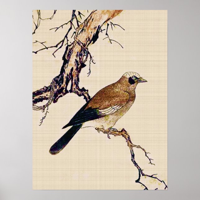 Japanese Woodcut of a Finch, Brown and Beige Poster (Front)