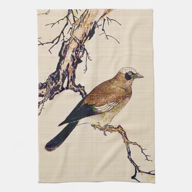Japanese Woodcut of a Finch, Brown and Beige Towel (Vertical)