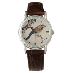 Japanese Woodcut of a Finch, Brown and Beige Watch