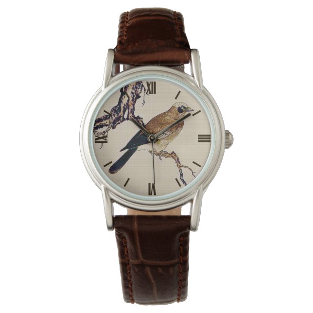 Japanese Woodcut of a Finch, Brown and Beige Watch (Front)