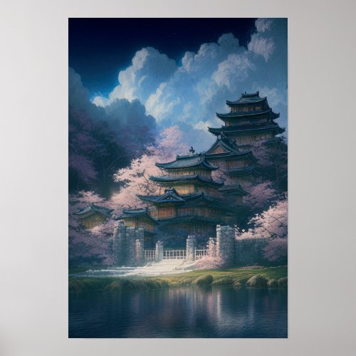 Japanese Wooden Castle by Calm Lake Poster