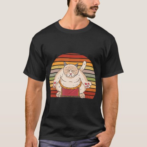 Japanese Wrestling Vintage Retro Cat Sumo Wrestler T_Shirt