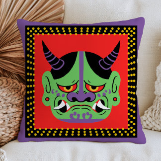 Japanese Yokai Green Kami Mask on Red Maximalist Throw Pillow