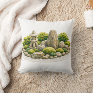Japanese Zen Garden with Stone Lantern and Rock Throw Pillow