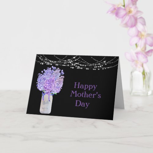 Jar of Lilacs _ String Lights on Black Mothers Day Card