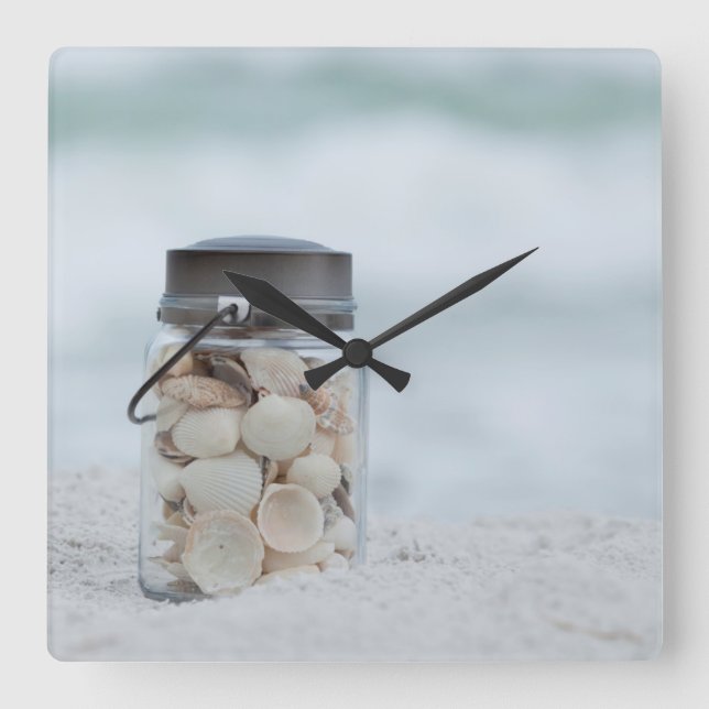 Jar Of Seashells On The Beach | Florida Square Wall Clock (Front)