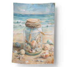 JAR OF SHELLS ON A SECLUDED BEACH