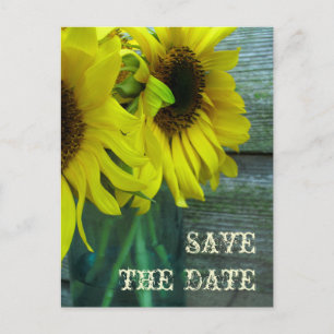 Jar Of Sunflowers Barnwood Fall Save The Date Announcement Postcard