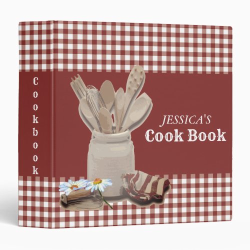 Jar Wood Utensils Spoon Gingham Country Cookbook 3 Ring Binder