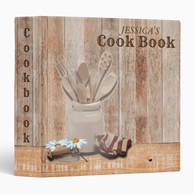 Jar Wood Utensils Spoon Rustic Daisy Cookbook 3 Ring Binder
