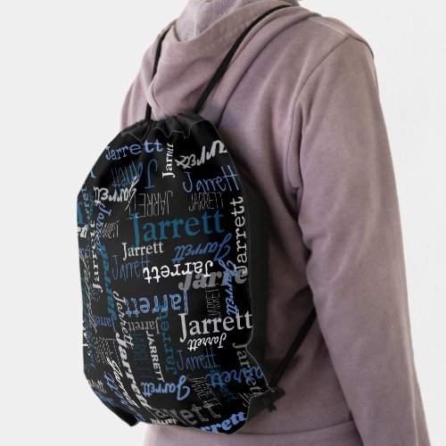 Jarrett personalized name blue gray text drawstring bag
