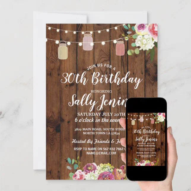 Jars Birthday Party Rustic Wood Floral Invite | Zazzle