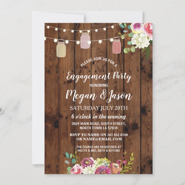 Jars Engagement Party Rustic Wood Floral Invite (Front)