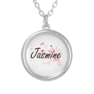 Jasmine Artistic Name Design with Hearts Silver Plated Necklace