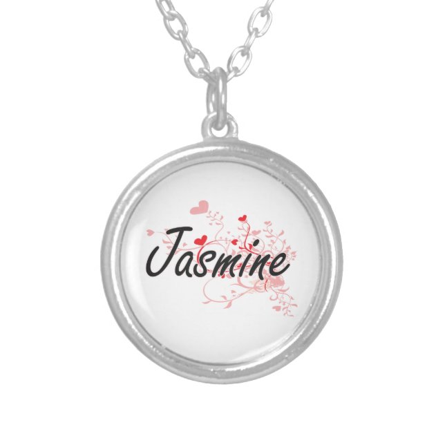 Jasmine Artistic Name Design with Hearts Silver Plated Necklace (Front)