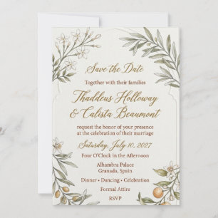 Jasmine Blossoms, Olive Branches, Citrus Oranges, Invitation
