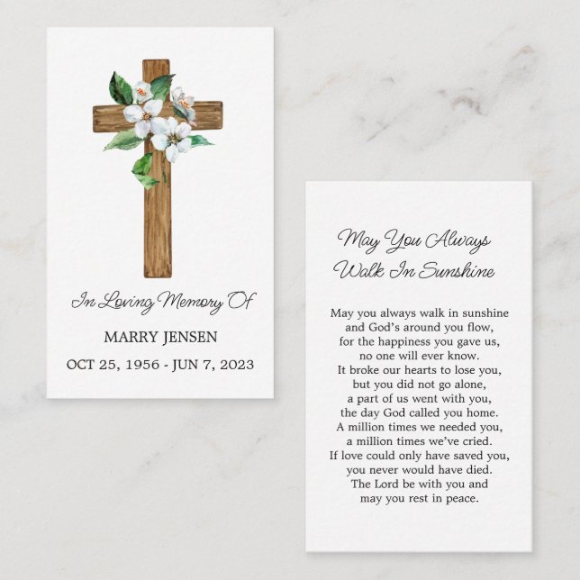Jasmine Cross Memorial Funeral Prayer Card (Front/Back)