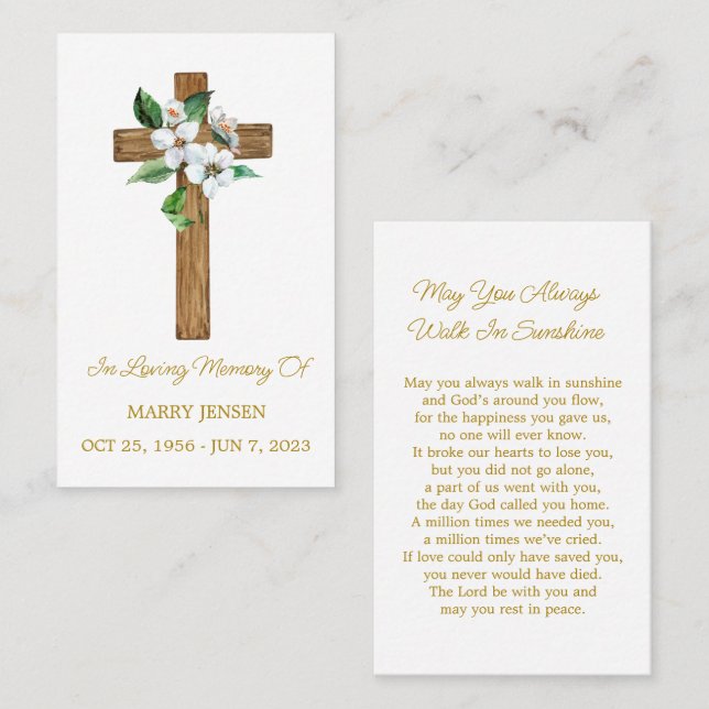 Jasmine Cross Memorial Funeral Prayer Card (Front/Back)
