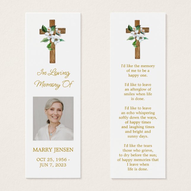Jasmine Cross Photo Funeral Memorial Bookmark (Front & Back)