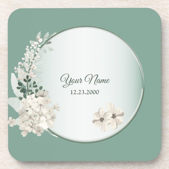 Jasmine Floral Green Geometric Wedding Party Beverage Coaster (Front)