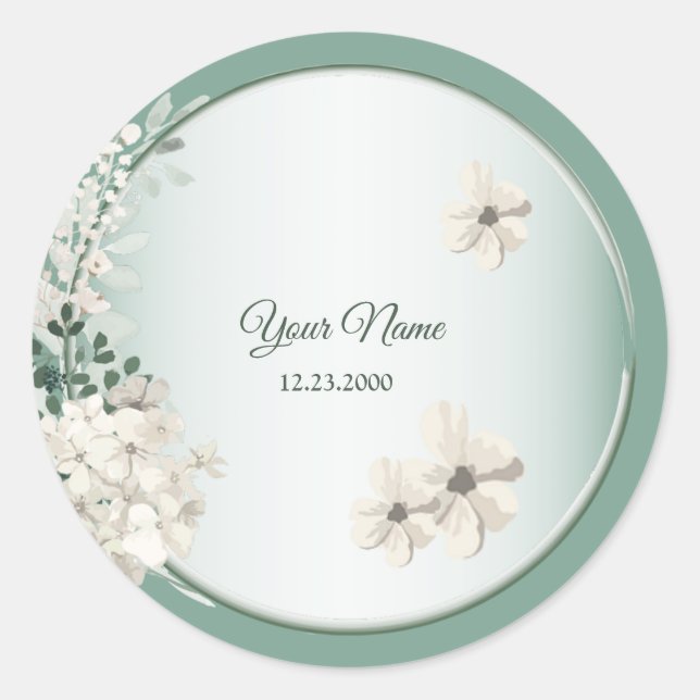 Jasmine Floral Green Geometric Wedding Party Classic Round Sticker (Front)