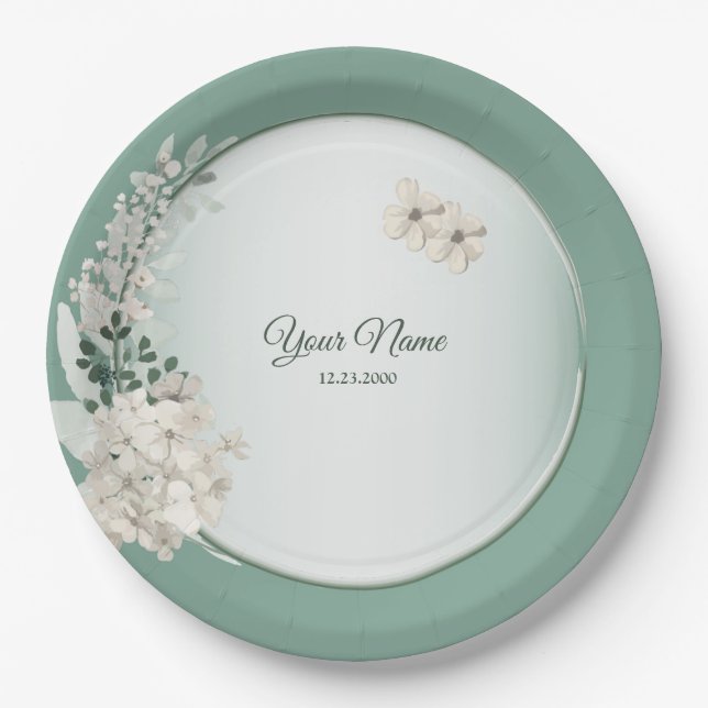 Jasmine Floral Green Geometric Wedding Party Paper Plates (Front)