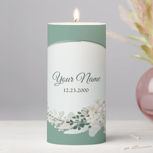Jasmine Floral Green Geometric Wedding Party Pillar Candle (In Situ)