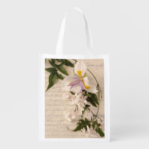 Jasmine flowers and lily with script reusable grocery bag