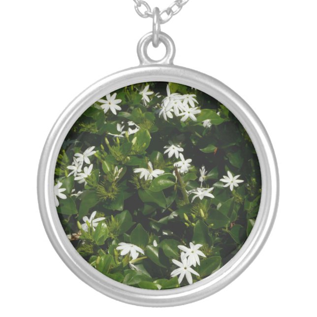 Jasmine Flowers Tropical Floral Botanical Silver Plated Necklace (Front)