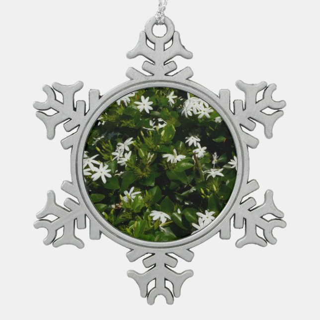 Jasmine Flowers Tropical Floral Botanical Snowflake Pewter Christmas Ornament (Front)