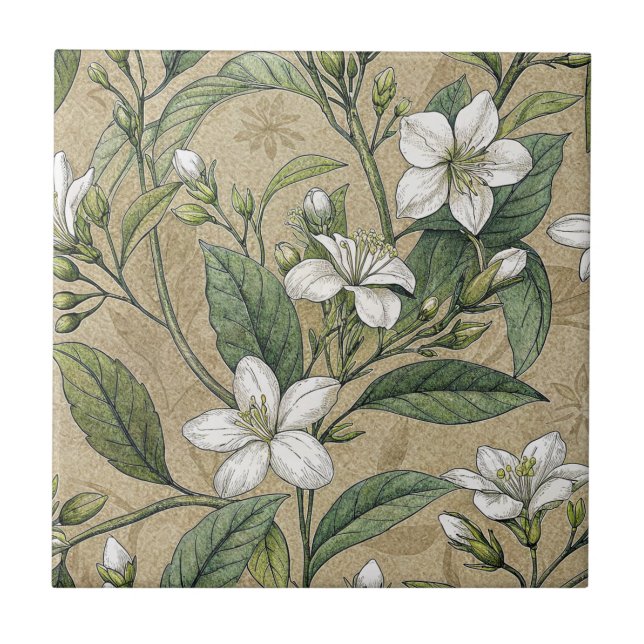 Jasmine flowers vintage botanicals beige seamless ceramic tile (Front)