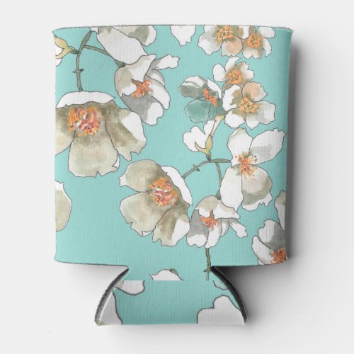 Jasmine Flowers Watercolor Light Turquoise Can Cooler