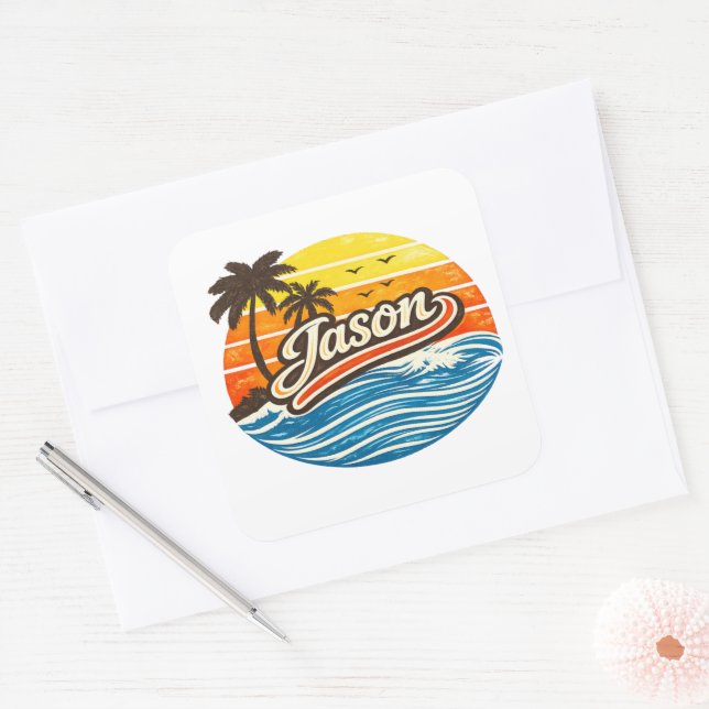Jason Retro Sunset Name Design Square Sticker (Envelope)