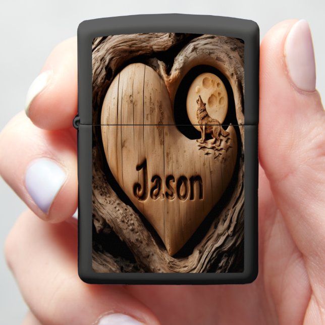 Jason Wooden Heart With Wolf Howl Zippo Lighter (In Hand)