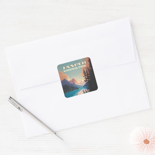 Jasper National Park Alberta Canada Rockies Retro Square Sticker (Envelope)