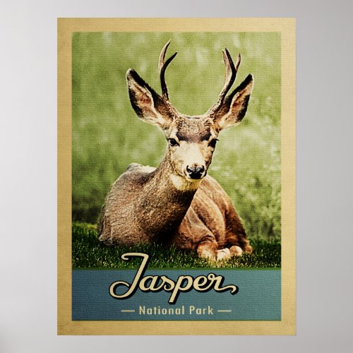 Jasper National Park Vintage Travel Deer Poster