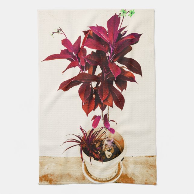 Jatropha Plant in Deep Red Kitchen Towel (Vertical)