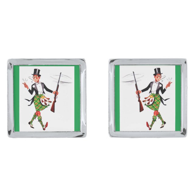 jaunty Scotsman with rifle Silver Cufflinks (Front)