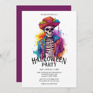 Jaunty Skeleton Vibrant Watercolor Halloween Party Invitation