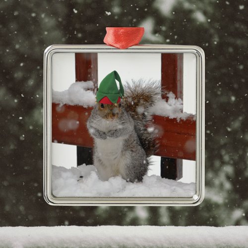 Jaunty Squirrel with Elf Hat Christmas Ornament