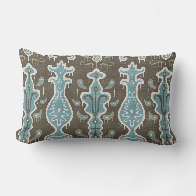 Java Ikat Print Lumbar Pillow, Brown & Turquoise Pillow (Front)