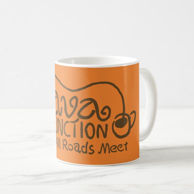 Java Junction with Coffee Brown Text Coffee Mug (Front Right)