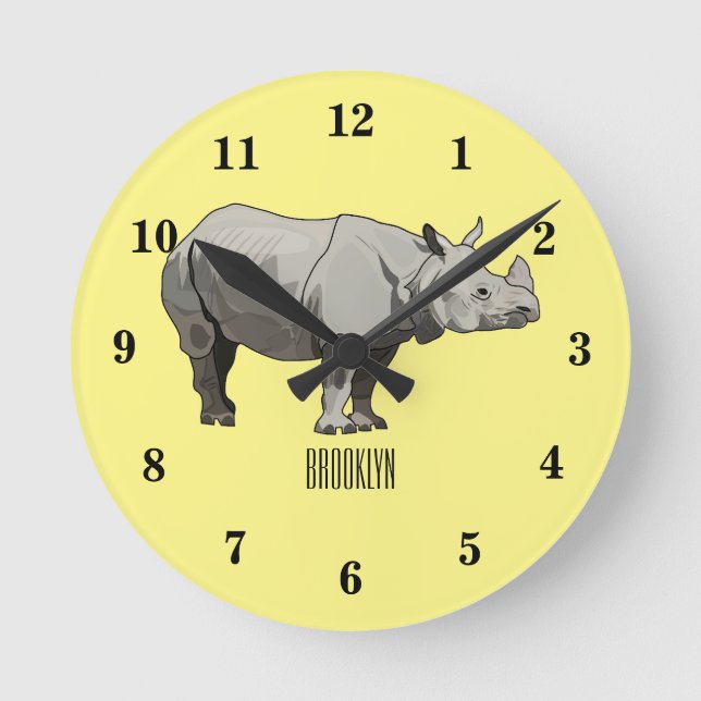 Javan rhinoceros cartoon illustration round clock (Front)