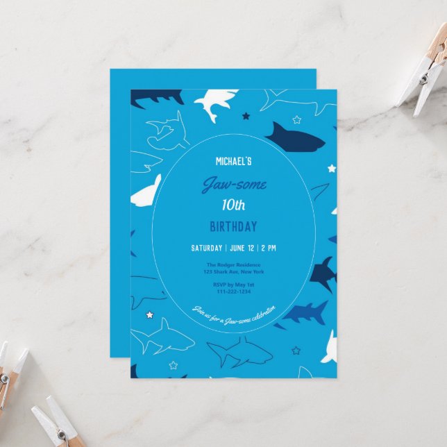 Jaw-some Shark Birthday Party Invitation (Front/Back In Situ)