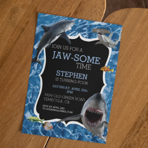 Jaw-Some Time Great White Shark Birthday  Invitation