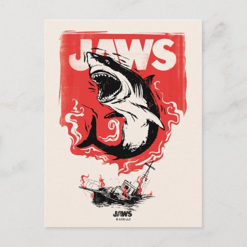 Jaws Shark  Burning Boat Illustration Postcard
