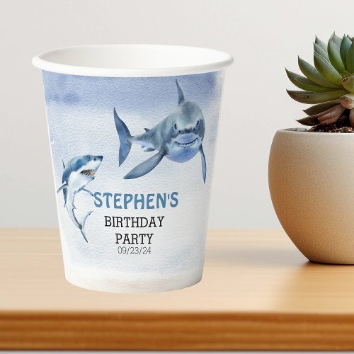 Jawsome Great White Shark Birthday  Watercolor  Paper Cups